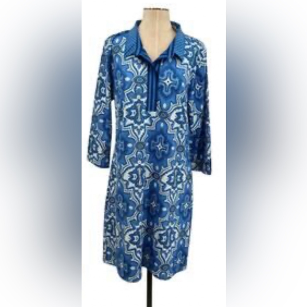 Gretchen Scott Blue Patterned Dress 3/4 sleeves